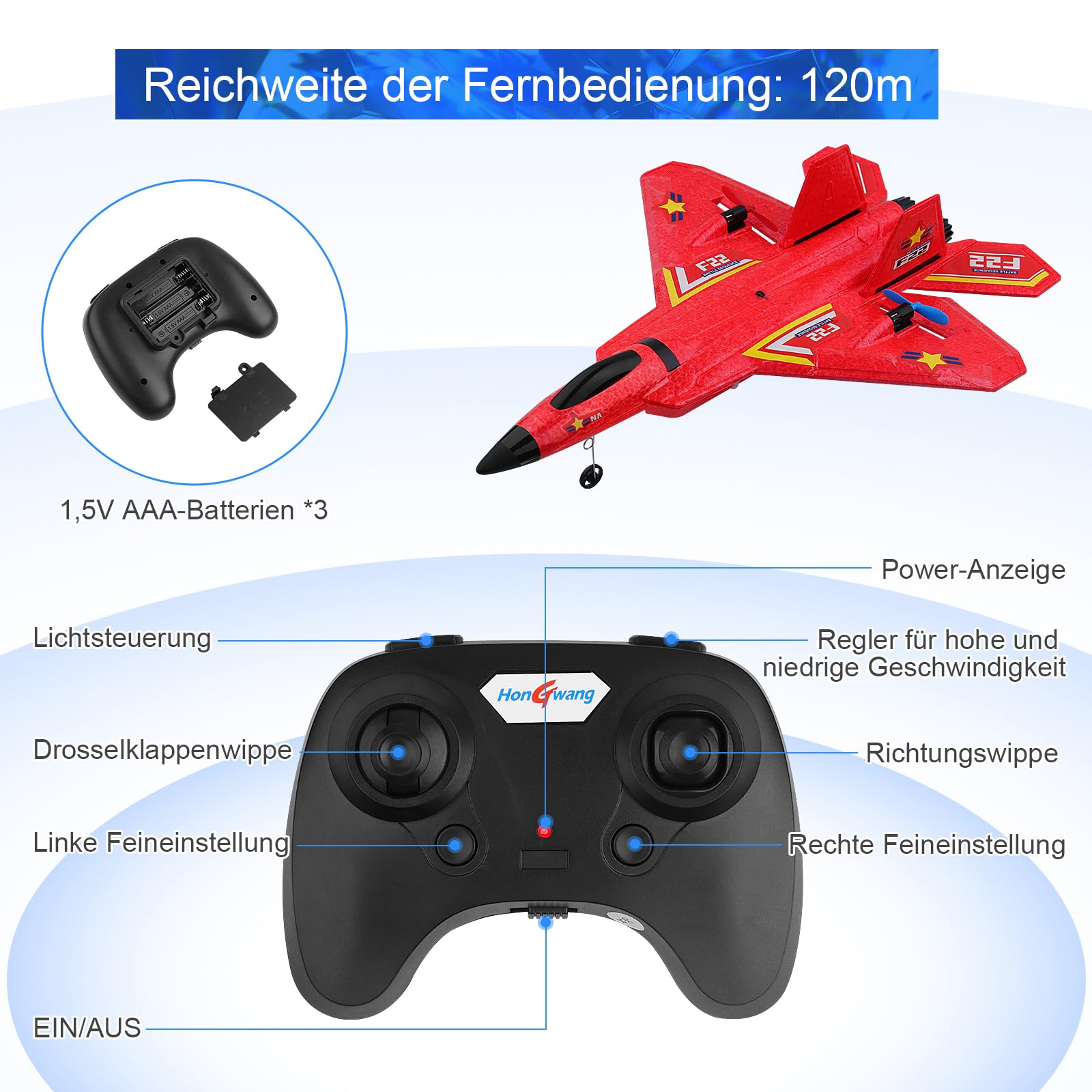 Henakmsl 3CH Aereo Telecomandato FX22, 2,4 GHz Aereo RC Aeroplano Telecomandato con 2 Batterie e Luci Colorate, Aliante Volante Telecomandato per Adatto a Bambini/Adulti/Principianti, Rosso