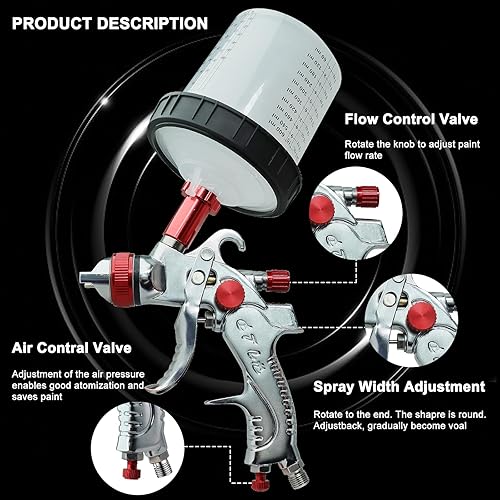 Miniatura 5 de Pistola pulverizadora HVLP con 10 piezas de tazas desechables de pintura de 600ML, 3 boquillas, 1.41.72.0mm, kit de pistola pulverizadora de pintura