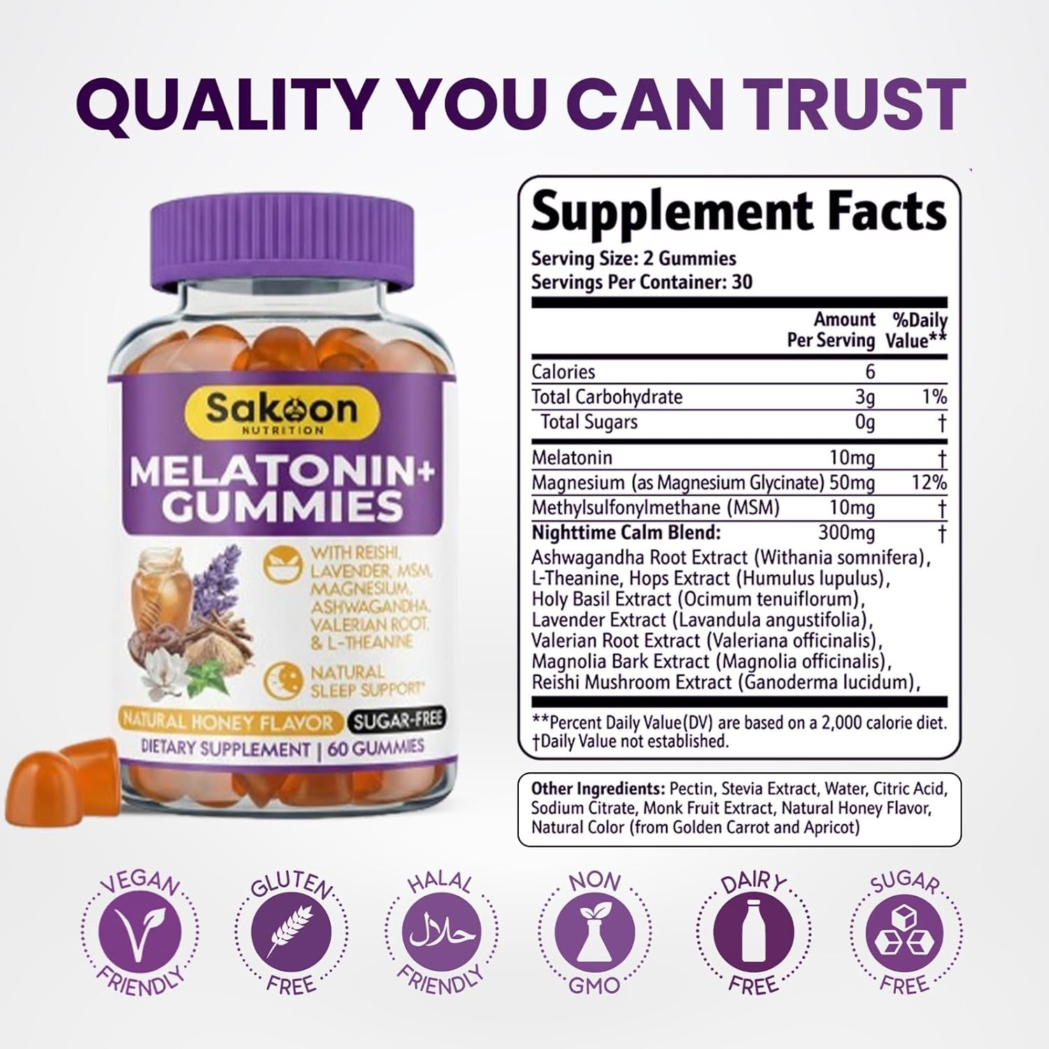 Sakoon nutrition Melatonin Gummies for Women & Men | 10mg Melatonin Plus Gummies with Sugar Free Natural Honey Flavor | Reishi, Magnesium & L-Theanine | Vegan Halal Sleep Support | 60 Count