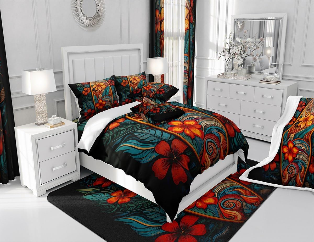 Feelyou Flower Pattern Fleece Throw Blanket for Adult Bohemian Damask Print Plush Blanket Vintage Retro Sherpa Blanket Floral Fuzzy Blanket for Sofa Bed Couch,Queen 90x90 Inches