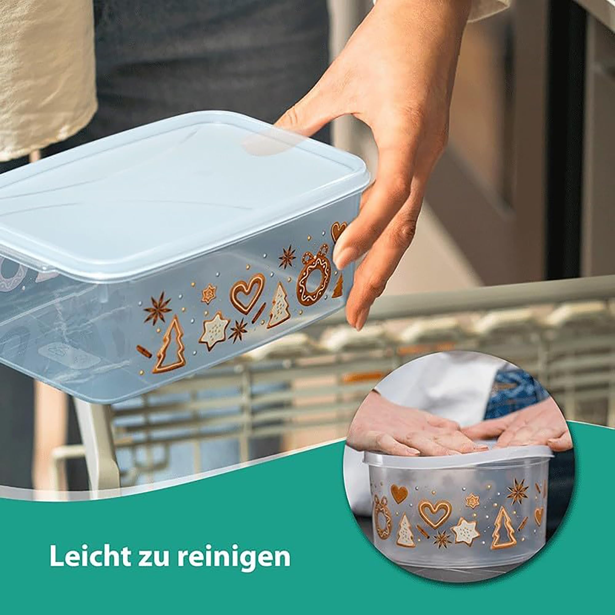MiraHome Lot de 4 boîtes à biscuits rectangulaires avec design pain d'épices - Transparentes - 2,5 l - Idéales comme boîte à biscuits pour Noël - Boîte à biscuits pour la période de Noël