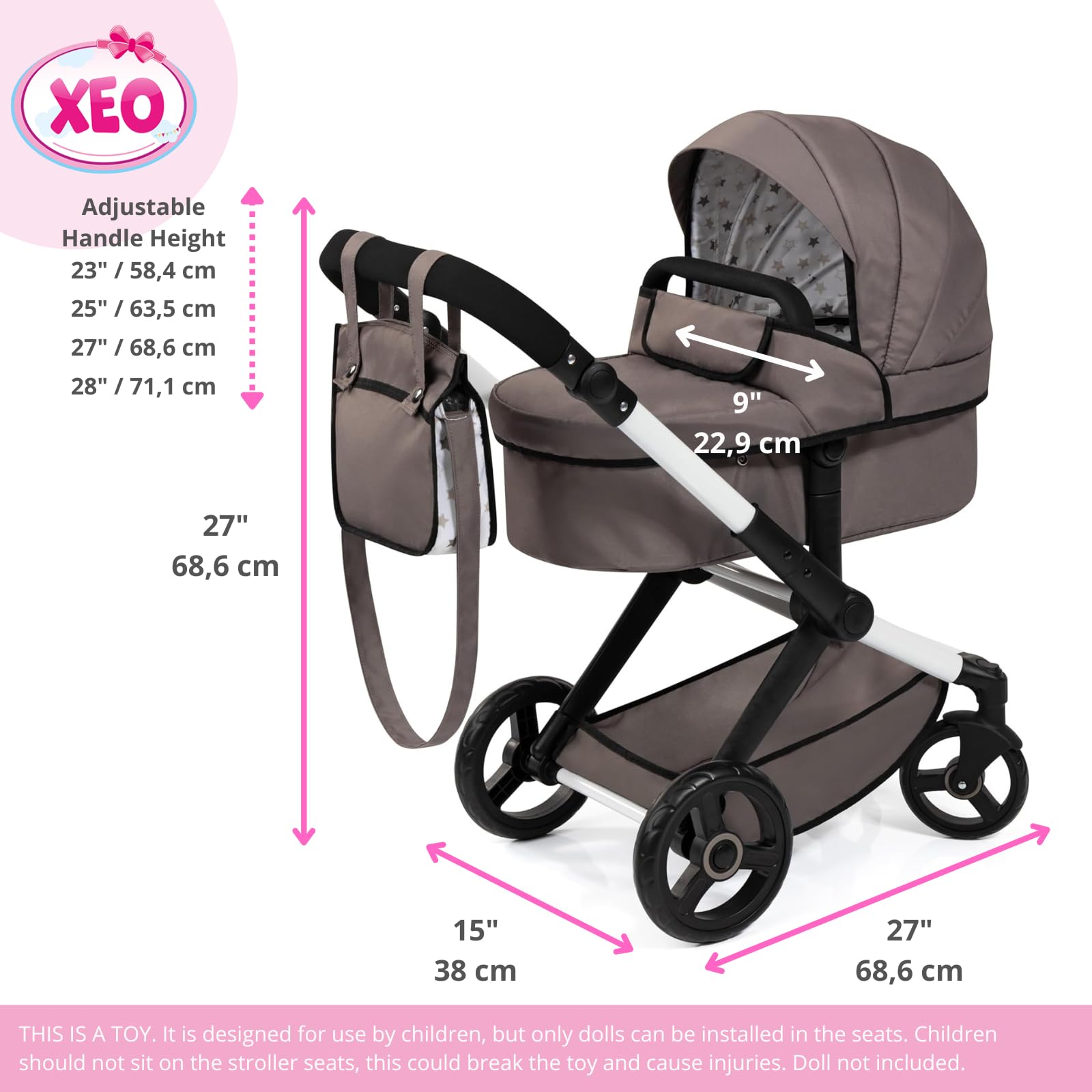 Bayer - Dolls Pram Xeo (17086AB) | Carrozzina per bambole con manico regolabile in altezza e girevole, trasformabile
