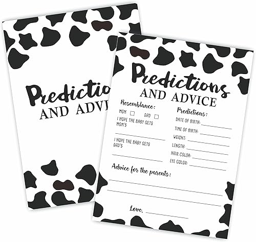 Cow Prints - Tarjetas de juego de predicción y consejos para baby shower, 5 x 7 pulgadas, tarjetas de juego de relleno de doble cara para baby