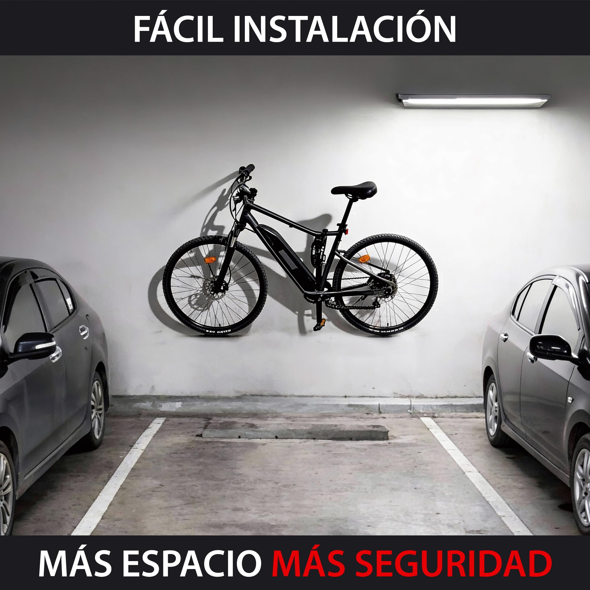 KRASER KR42P Soporte Bicicletas Pared con Anclaje Antirrobo 2en1 | Colgador Bicicleta por Pedal con Punto para Asegurar con Cadena | Doble Apoyo Rueda, Acero Reforzado 5mm | Compatible E-Bike MTB