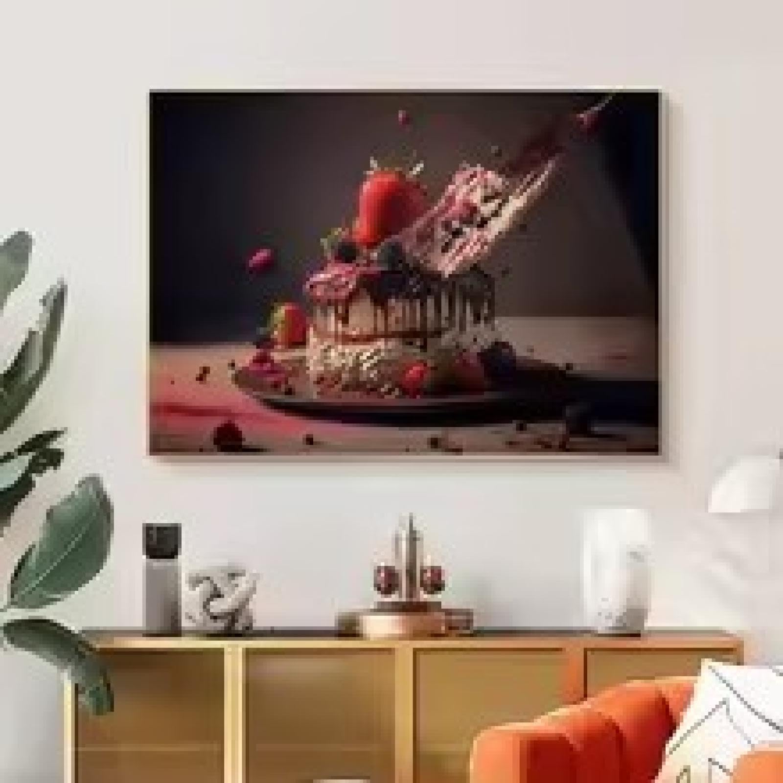 Peinture murale gâteau au chocolat et tableau dessert sucré 30x45cm
