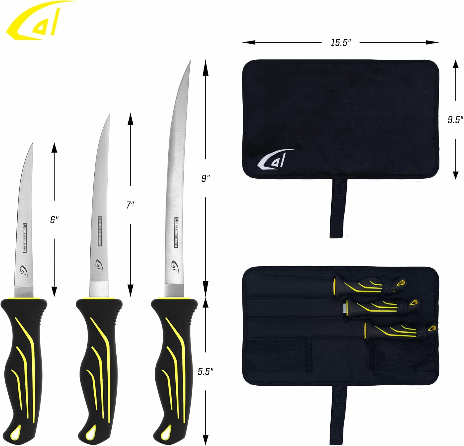 danco 4PC Fishing Fillet Knife Kit, 6", 7", 9" with Roll Bag, Fish Fillet and Deboning Knives, Freshwater and Saltwater Fishing, Non-Slip Handle, Durable Roll Bag, Stainless Steel Blades