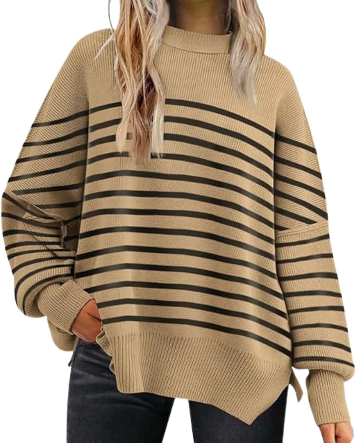 2025 Fall Womens Oversized Batwing Sweater Fashion Crew Neck Knit Side Slit Cozy Fall and Winter Pullover Sweater