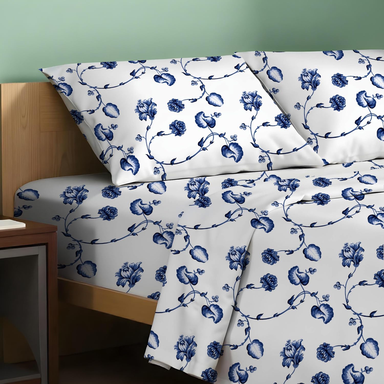 TEXAS LINEN CO. 100% Organic Cotton Printed Sheets Queen Size - 4 PC Organic Cotton Percale Sheets Queen Set (Floral Blue), Cooling & Breathable Sheet, 16" Deep Pocket Hotel Bedding - GOTS Certified