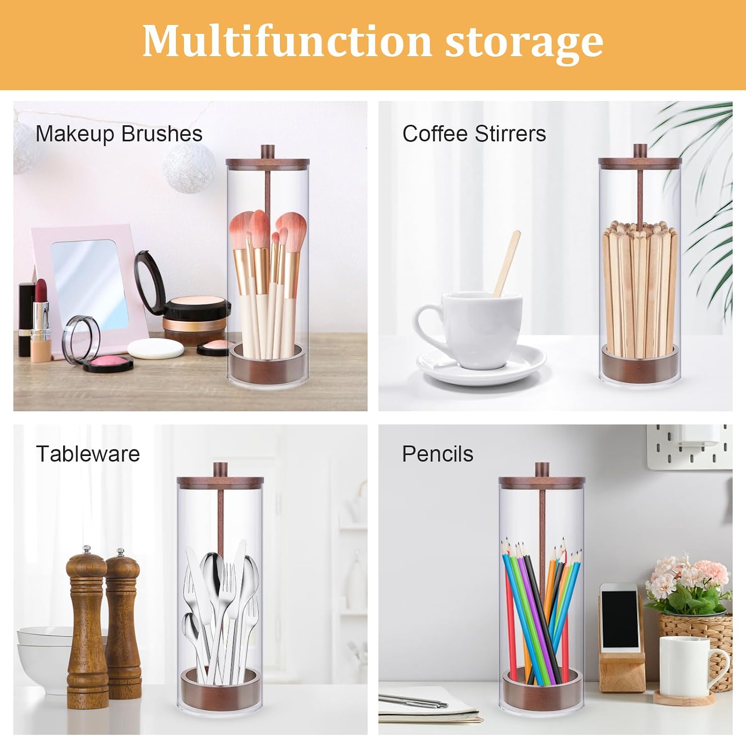 JYPS 10-Inch Acrylic Straw Dispenser with Bamboo Lid with 100 Colorful Straws,Transparent Counter Container Countertop Organizer for Kitchen,Office,Cabinet Storage, Holds Pencils, Cutlery(Dark brown)