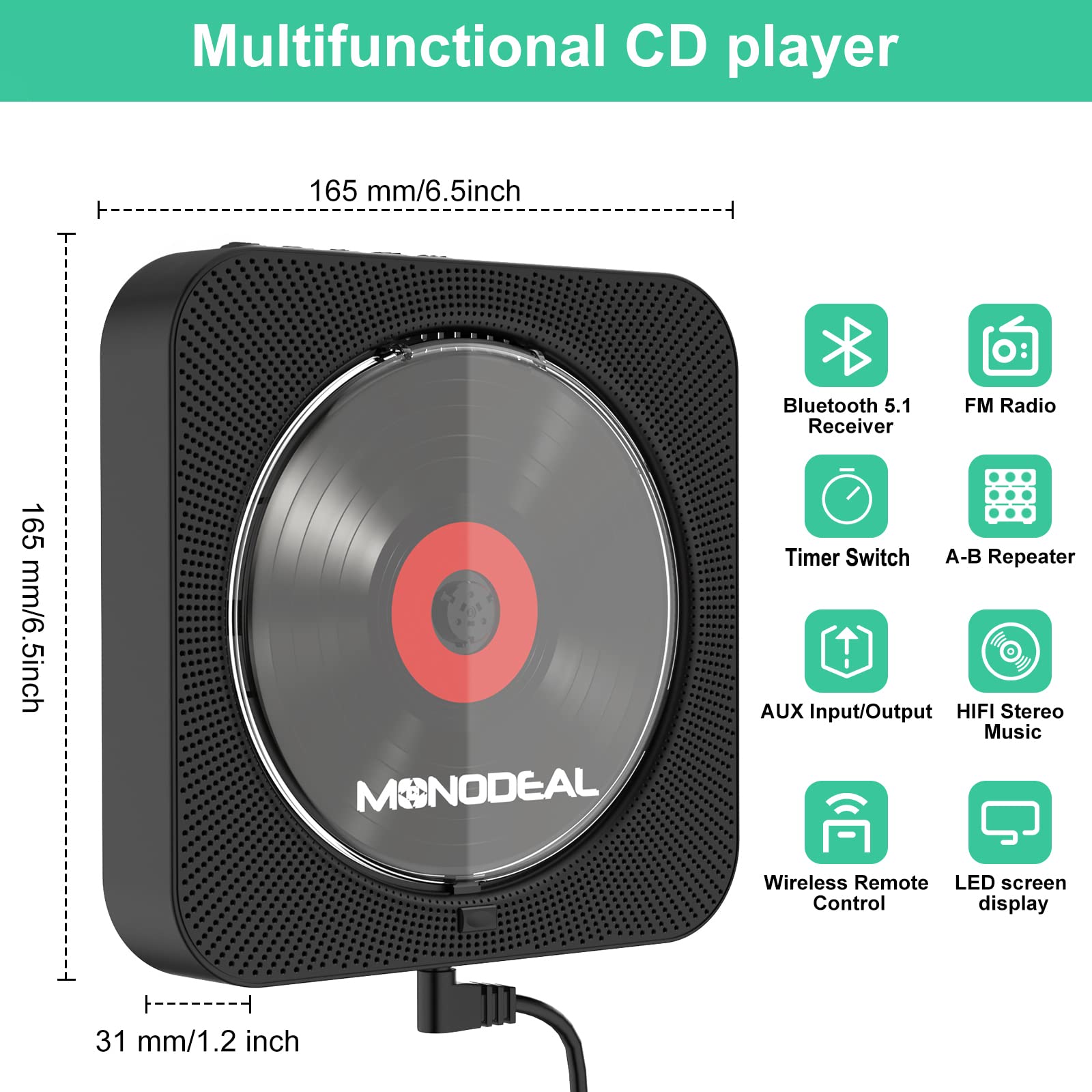 Lecteur CD Portable Bluetooth MONODEAL - Avec écran TFT Et Haut-parleurs - Pour Voiture Et Maison