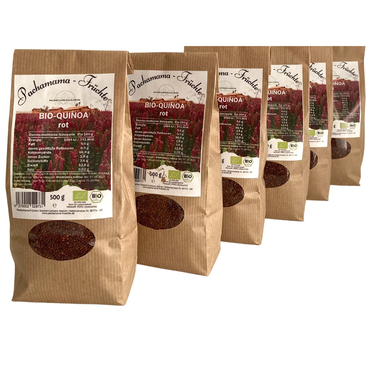 Bio Quinoa Rot 6 x 500 g – Rote Quinoa Bio aus Peru – Premium Quinoa Körner – Superfood – Ideal für Salat, Bowl, Beilage & Kochen – Vegan & Natürlich