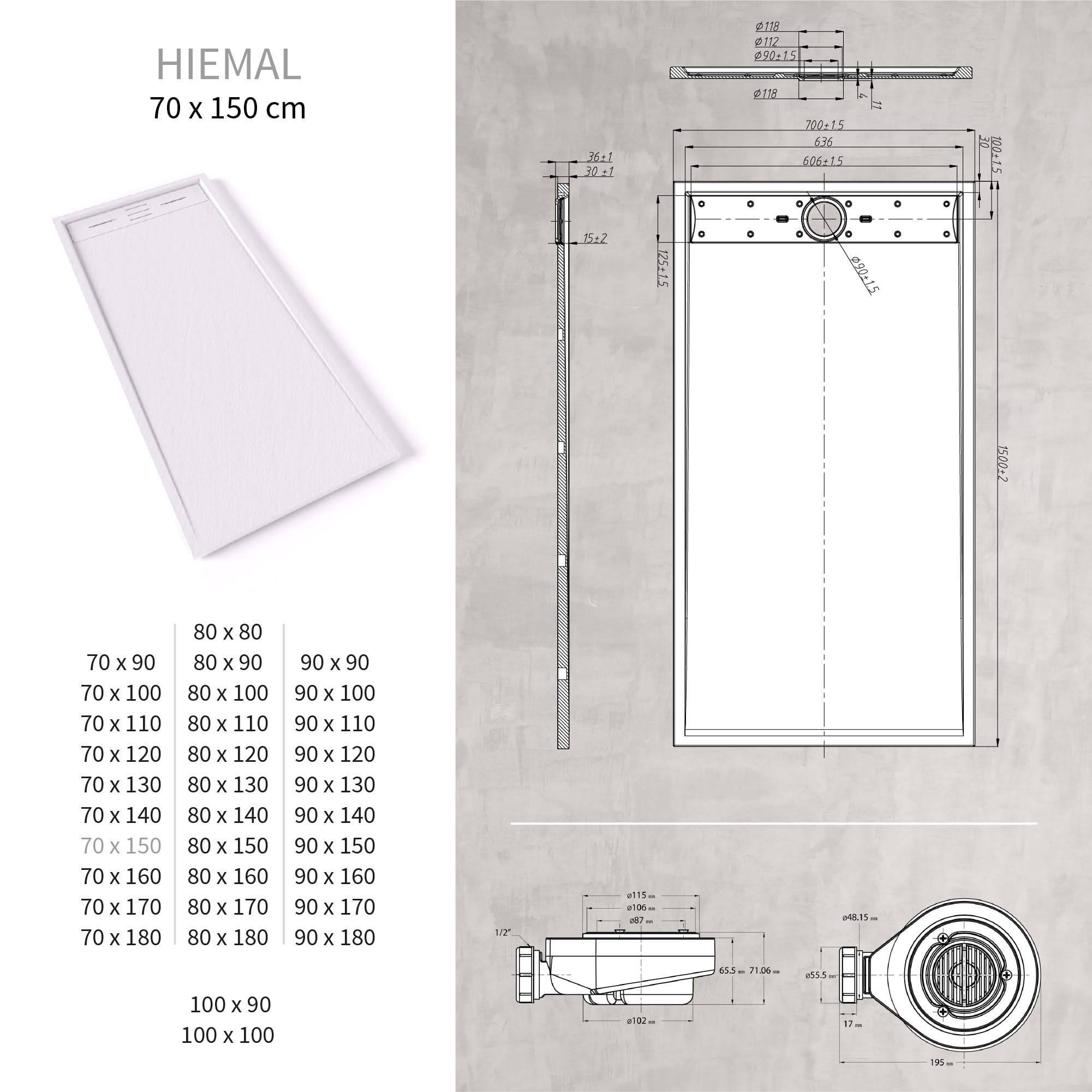 SMC Duschwanne HIEMAL 70x150 cm Weiß RAL9016 extra flache robuste Duschtasse, ANTI-Rutsch-Oberfläche in Schieferoptik inkl. Ablaufgarnitur