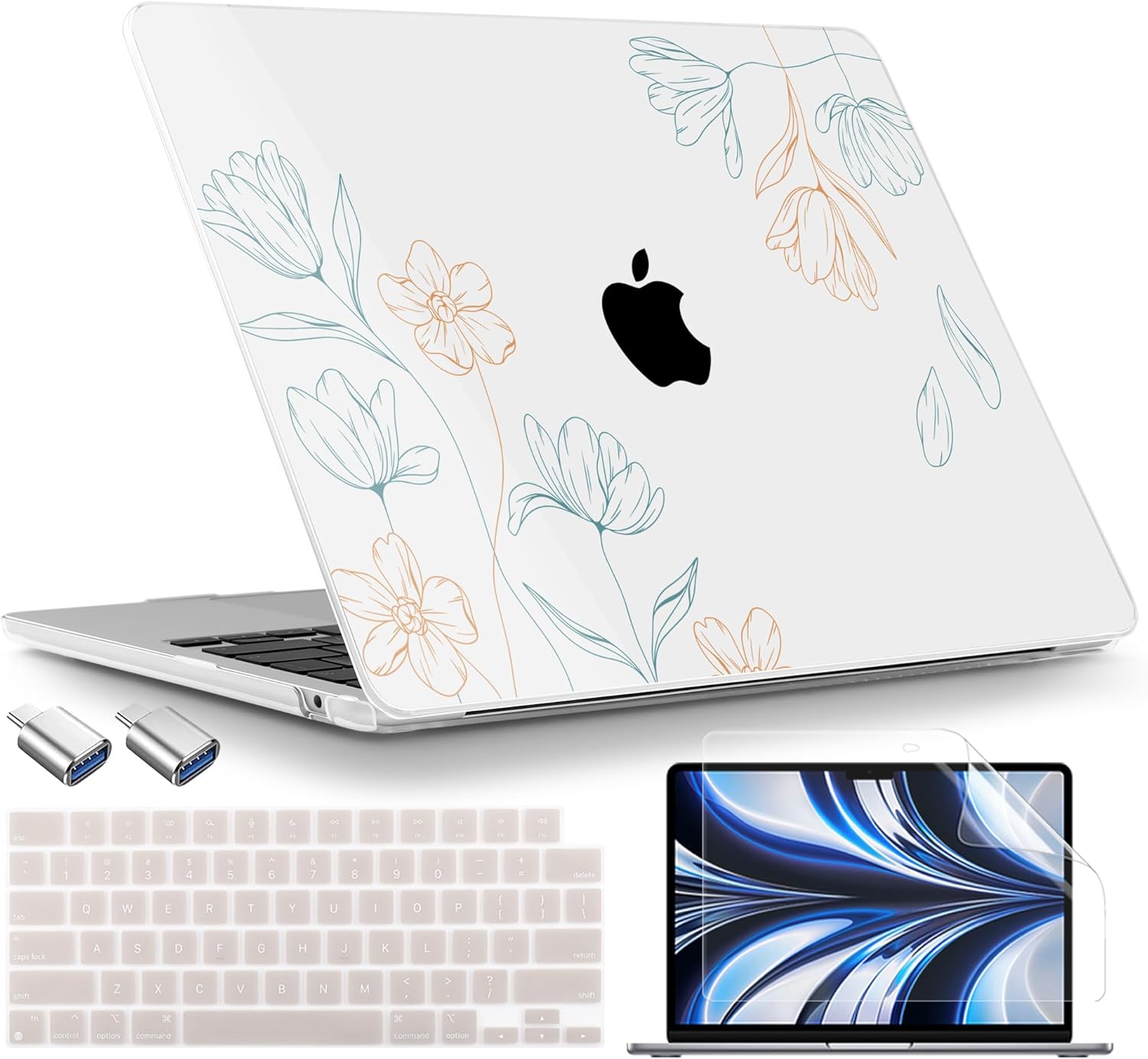 TWOLSKOO for MacBook Air 13 inch Case M4 A3240 M3 A3113 M2 A2681 2025 2024 2022 Plastic Hard Shell, Keyboard Cover, Type C Adapter, Screen Protector for MacBook Air 13.6 inch, Engraved Floral