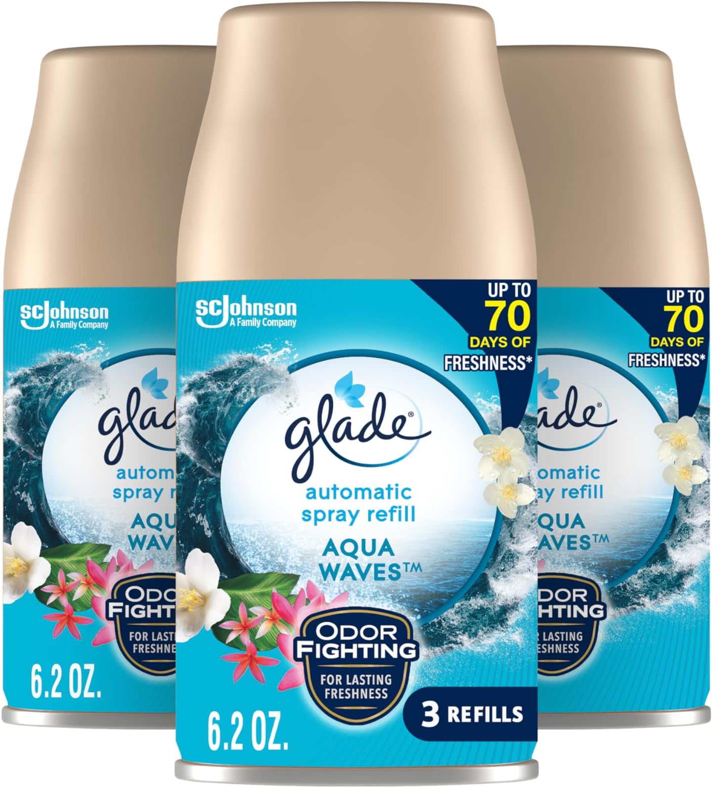 Automatic Spray Refill, Air Freshener for Home and Bathroom, Aqua Waves, 6.2 Oz, 3 Count