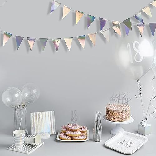 Vista 55 de Banderín de lunares rosados plateados de 30 pies, color rosa y plateado, banderines triangulares, guirnalda de banderines para baby shower, Rosa