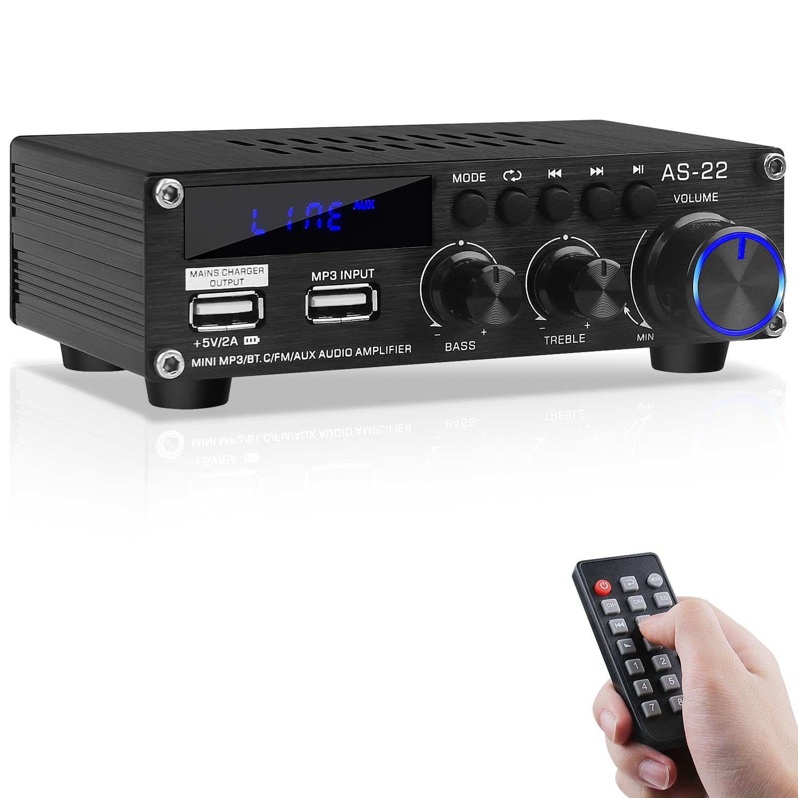 Amplificatore HiFi Bluetooth AS-22 Mini Amplificatore Audio Stereo 2.0 Canali 40W x 2 Classe D Ricevitore Amplificatore di Potenza Digitale con Ingresso BT AUX USB, DC 12V/5A