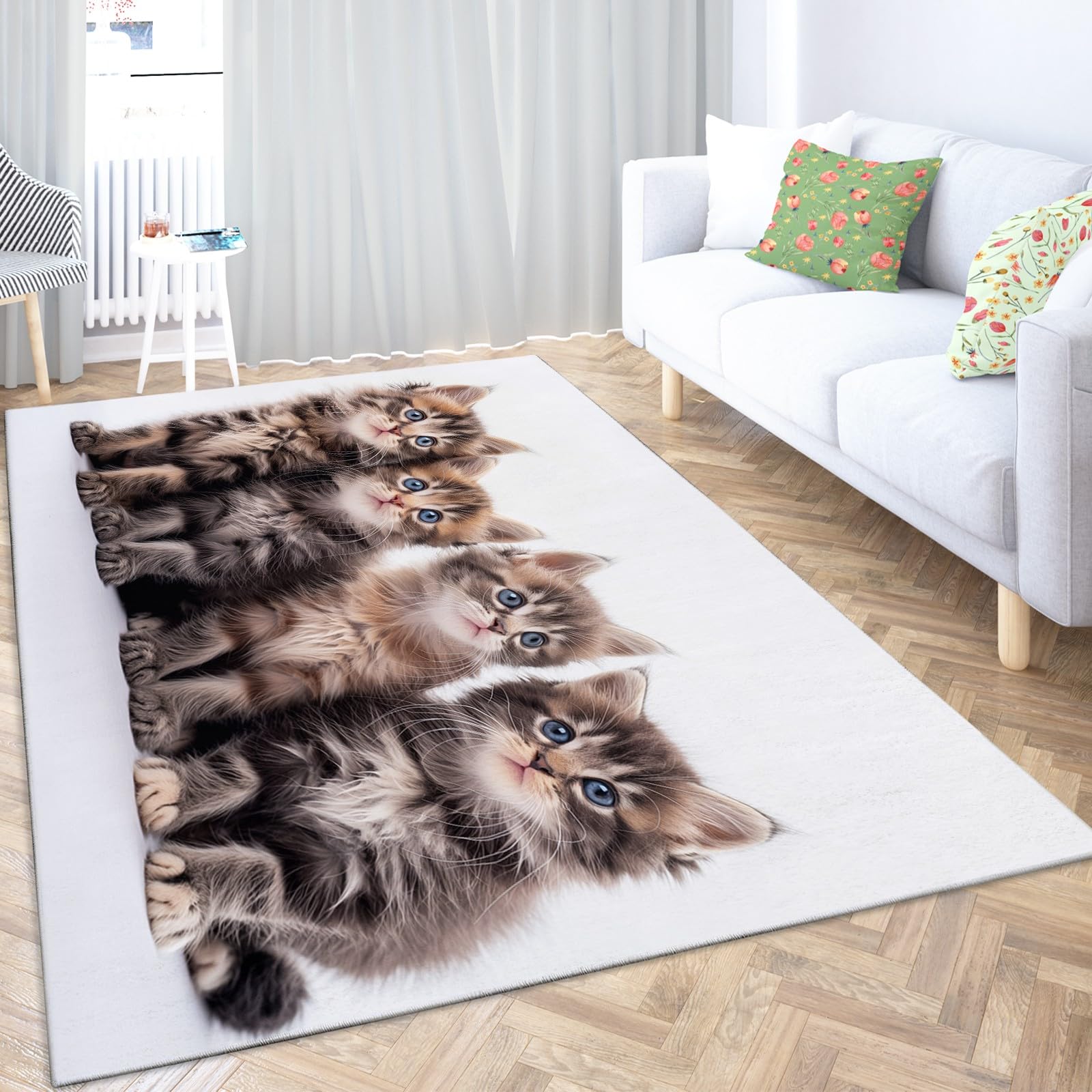 Generisch Waschbarer Teppich Tier Graubraune Katze 80x150cm Wohnzimmer Schlafzimmer Teppich, Flauschig Weich Kurzflor Teppich, Moderne 3D Druck Teppich, Anti-Rutsch Teppich Matte