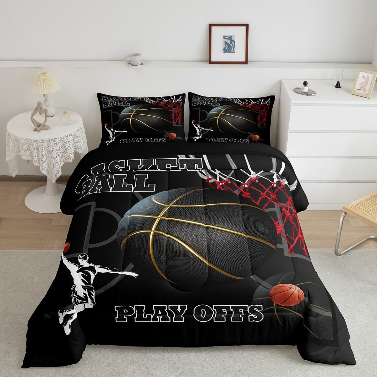 Basketball Room Bedding for Boys Sport Dunk Basketball Comforter Set Full Size for Kids Teens, 3D Black Ball Printed Bedding Comforter Sets Sport Game Ball Theme Duvet Insert Basketball Player Quilt