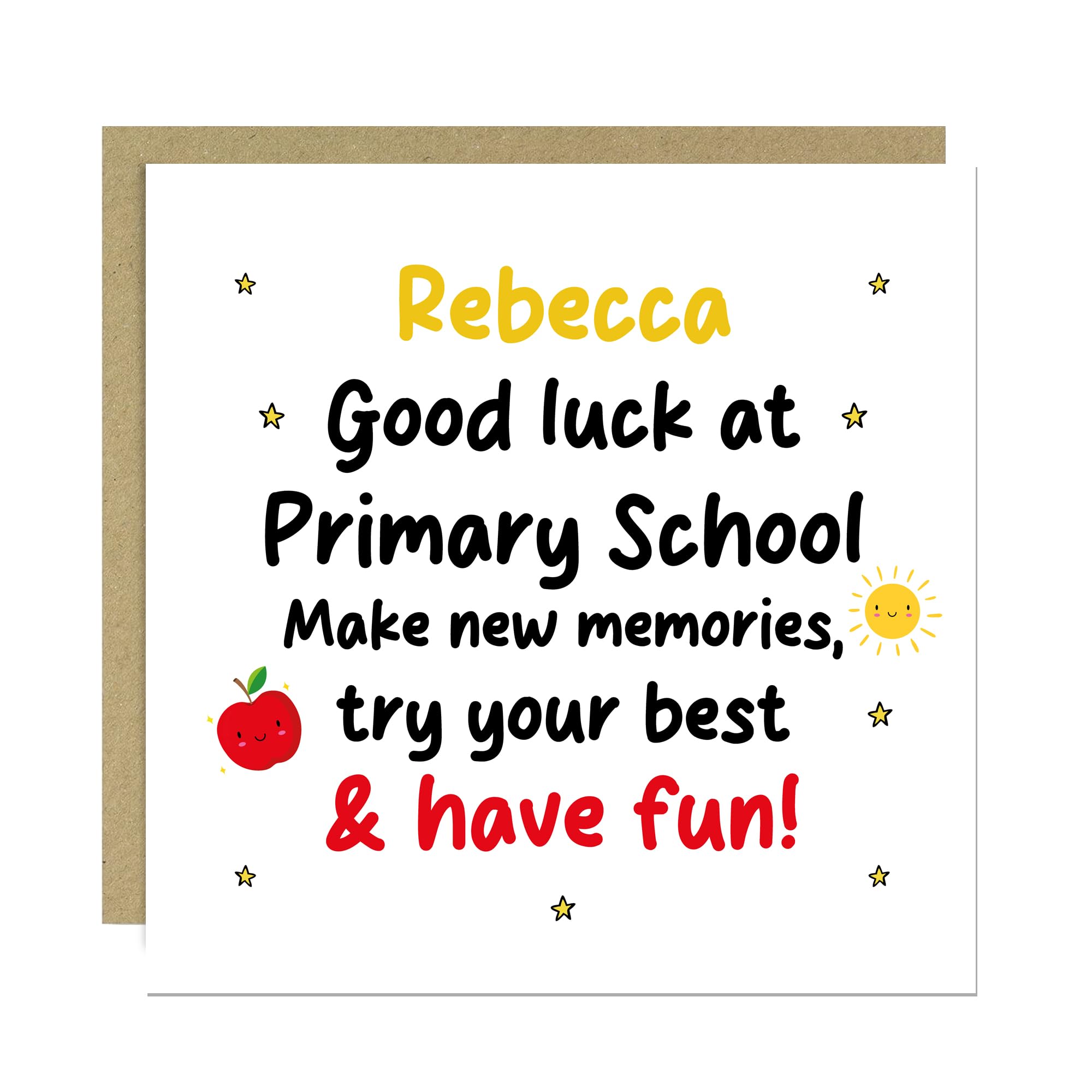 RED OCEAN Personalised Good Luck Primary School Card For Son Daughter With Kraft Envelope 1st Day At School Card For Granddaughter Grandson Cute