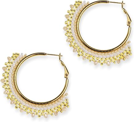 Handmade Boho Beaded Large Gold Hoop Earrings for Women, Statement Colorful Handwoven Bohemian Seed Beads Huggie Earrings Cartilage Hypoallergenic Prom Holiday Jewelry Gift