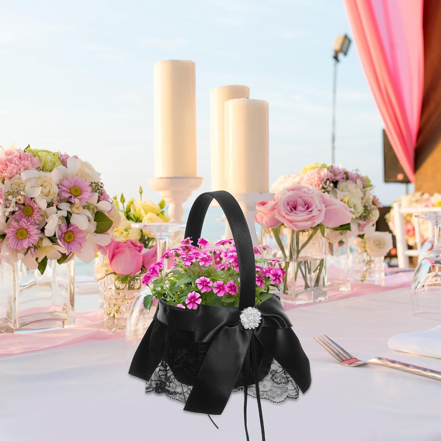 Healifty Wedding Flower Girl Basket with Handle Black Floral Basket for Weddings and Bridal Showers