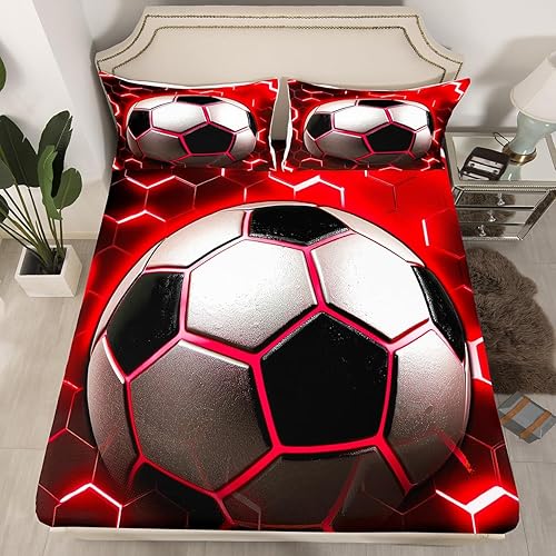 Erosebridal Juego de sábanas de fútbol para niños, juego de sábanas bajeras de fútbol para niños, decoración de luz de neón roja, ropa de cama
