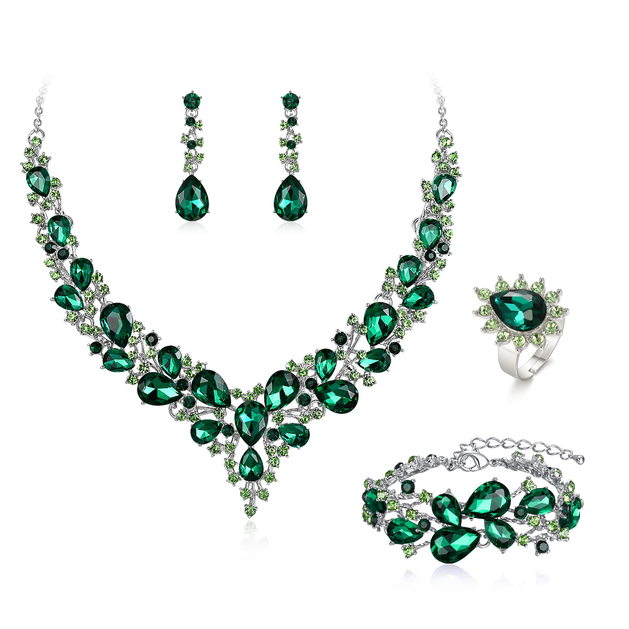 BriLove Wedding Bridal Jewelery for Women Austrian Crystal Teardrop Cluster Statement Necklace Dangle Earrings Link Bracelet Set