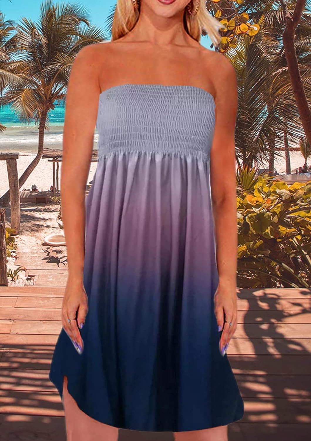 Zyyfly Tube Top Dress Women Summer Beach Coverup Stretch Smocked Strapless Dress - Image 3