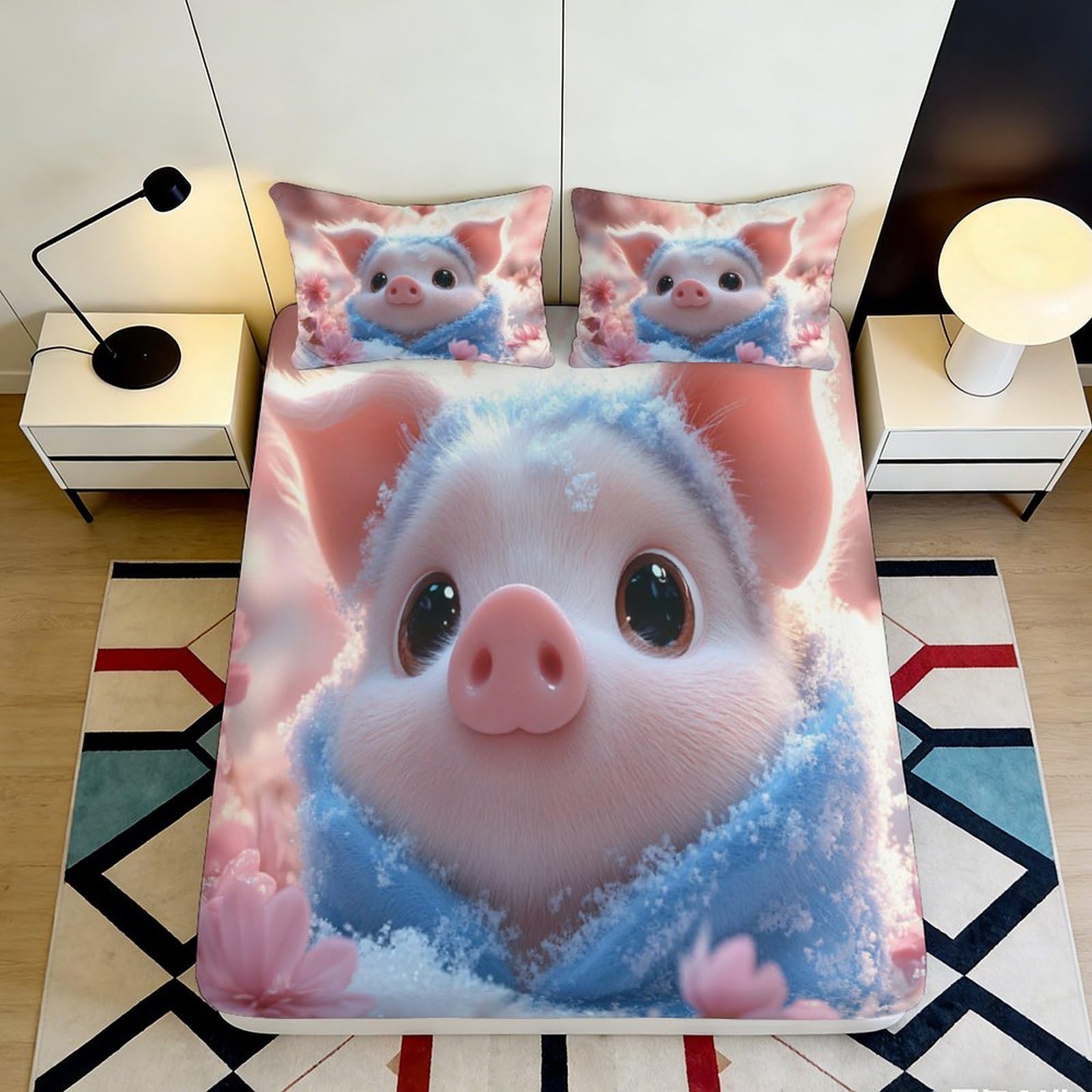 3D Printed Cute Piggy Fitted Sheet Microfiber Soft Anti-Slip Pink Cartoon Animal Mattress Cover for Bedroom Dorm Protection 90x200x25cm