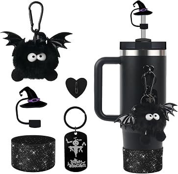 BELSITA Halloween Accessories Set - Black Cartoon Devil Brid Witch Hat Straw Cap Design Water Bottle Decoration, Silicone Stanley Cup Boot, Stanley Charms for 30/40oz Tumble
