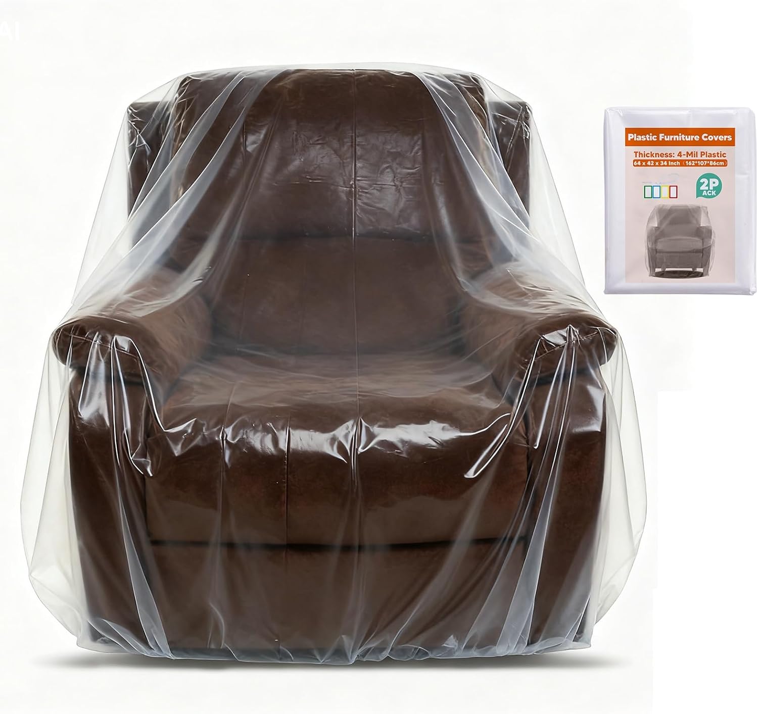 COCODE 2 Pcs Plastic Furniture Covers Moving Storage Bags, 4 Mil Thick Clear Chair Cover Protectors Waterproof & Dustproof for Chairs, Armchair, Recliners & Boxes, Open Size 64 x 42 x 34 Inches