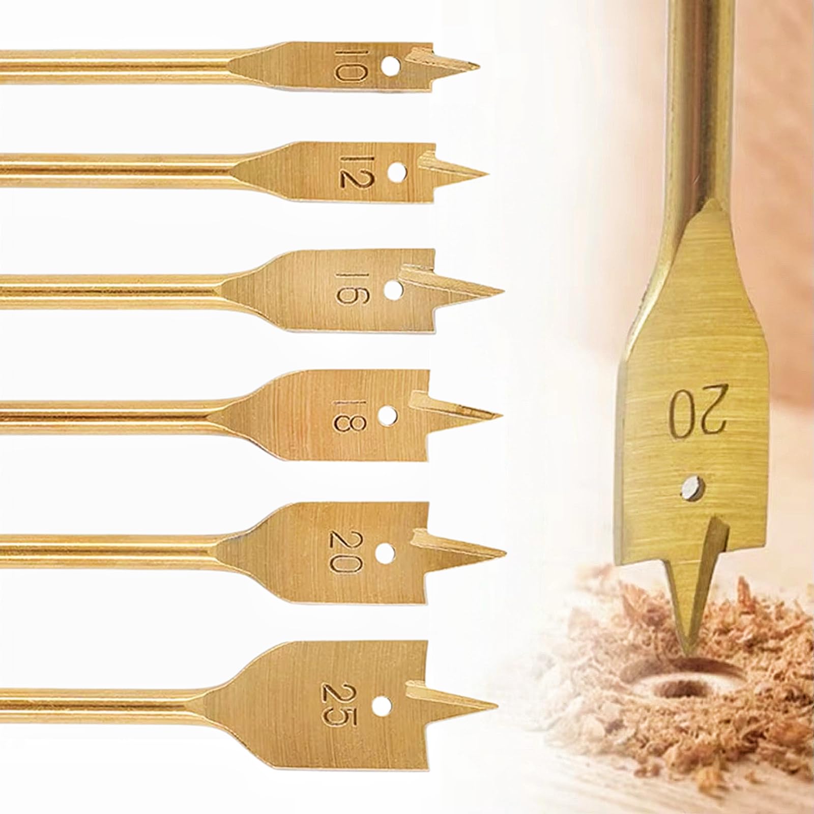 Sunkizzrs® 6-Pcs Wood Flat Drill Bits Set with 1/4" Hex Shank | Titanium Coated High Carbon Steel Spade Drill Bit (10mm/12mm/16mm/18mm/20mm/25mm) —Three-Point Design for Precise Drilling-image-17