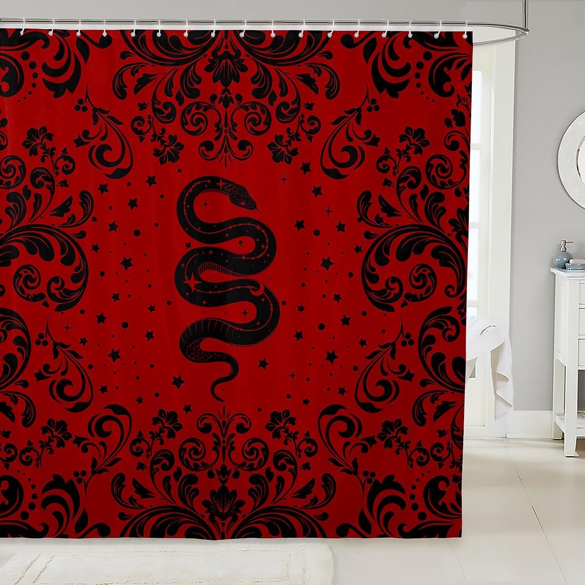 Erosebridal Gothic Snake Shower Curtain 72" Wx72 L Black Red Halloween Bathroom Curtain Goth Damask Animal Bathroom Accessories for Kids Adults,Halloween Shower Decor