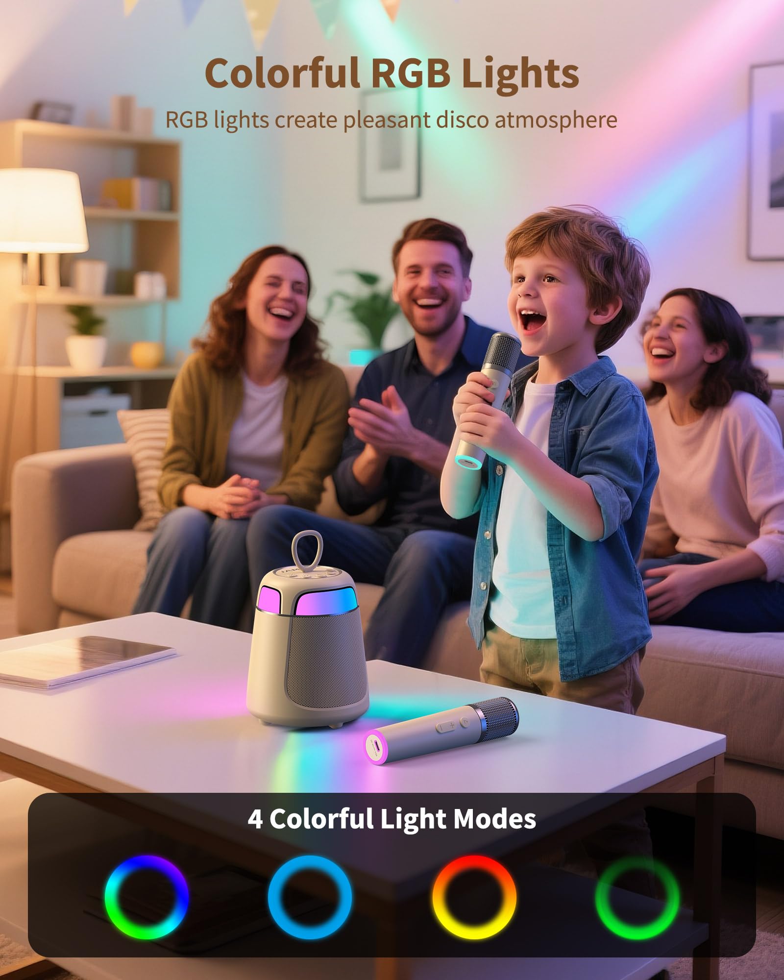 JAMELO Máquina de karaoke con 2 micrófonos, sistema de karaoke 2 en 1, versión premium, altavoz de karaoke inalámbrico portátil de 10 W con luces LED, 5 voces divertidas, regalos para la familia
