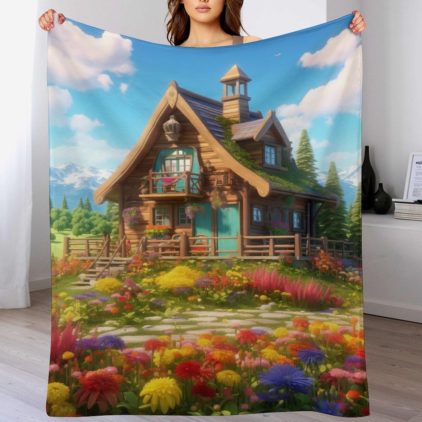 Couverture flannel motif village de montagne 3D chaude et légère