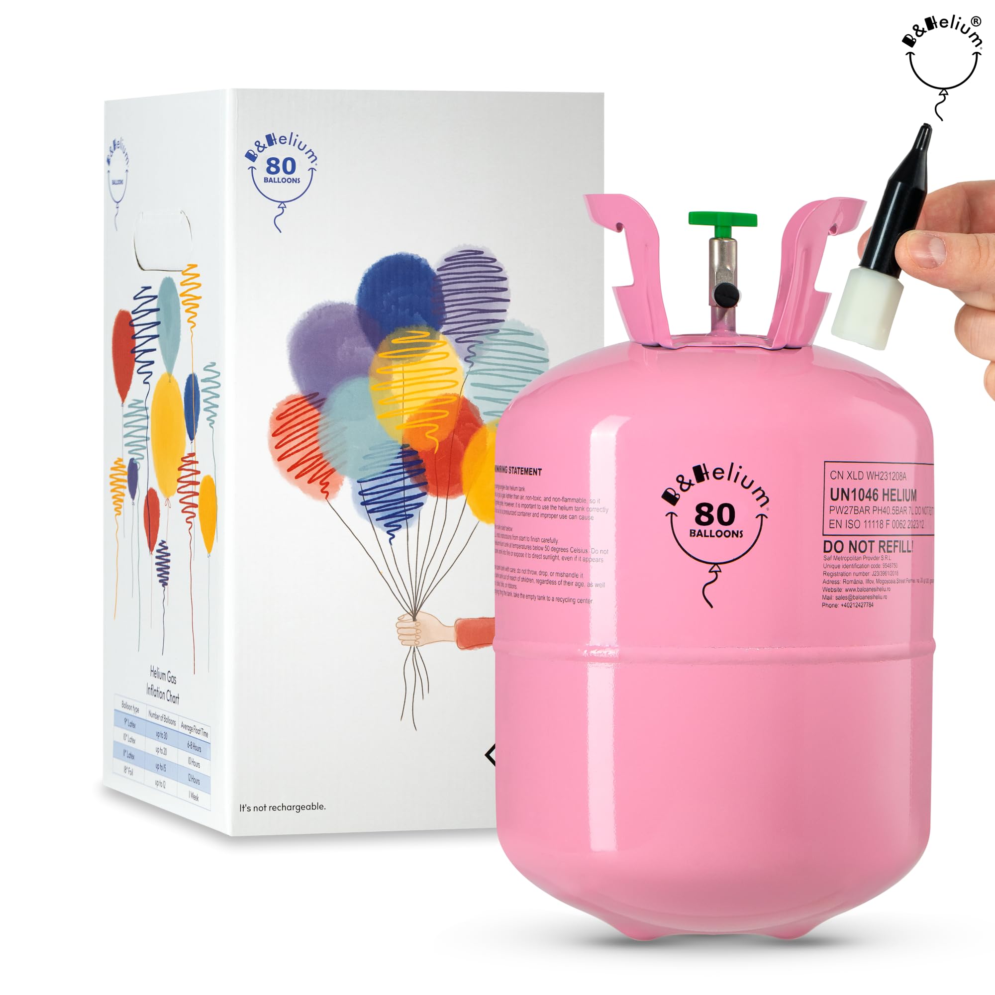 B&Helium Rosa Heliumflasche mit Ballongas für 80 langanhaltende Ballons – Inklusive Füllventil – Perfekt für Partydekoration,Geburtstagen, Hochzeiten und diverse Veranstaltungen.