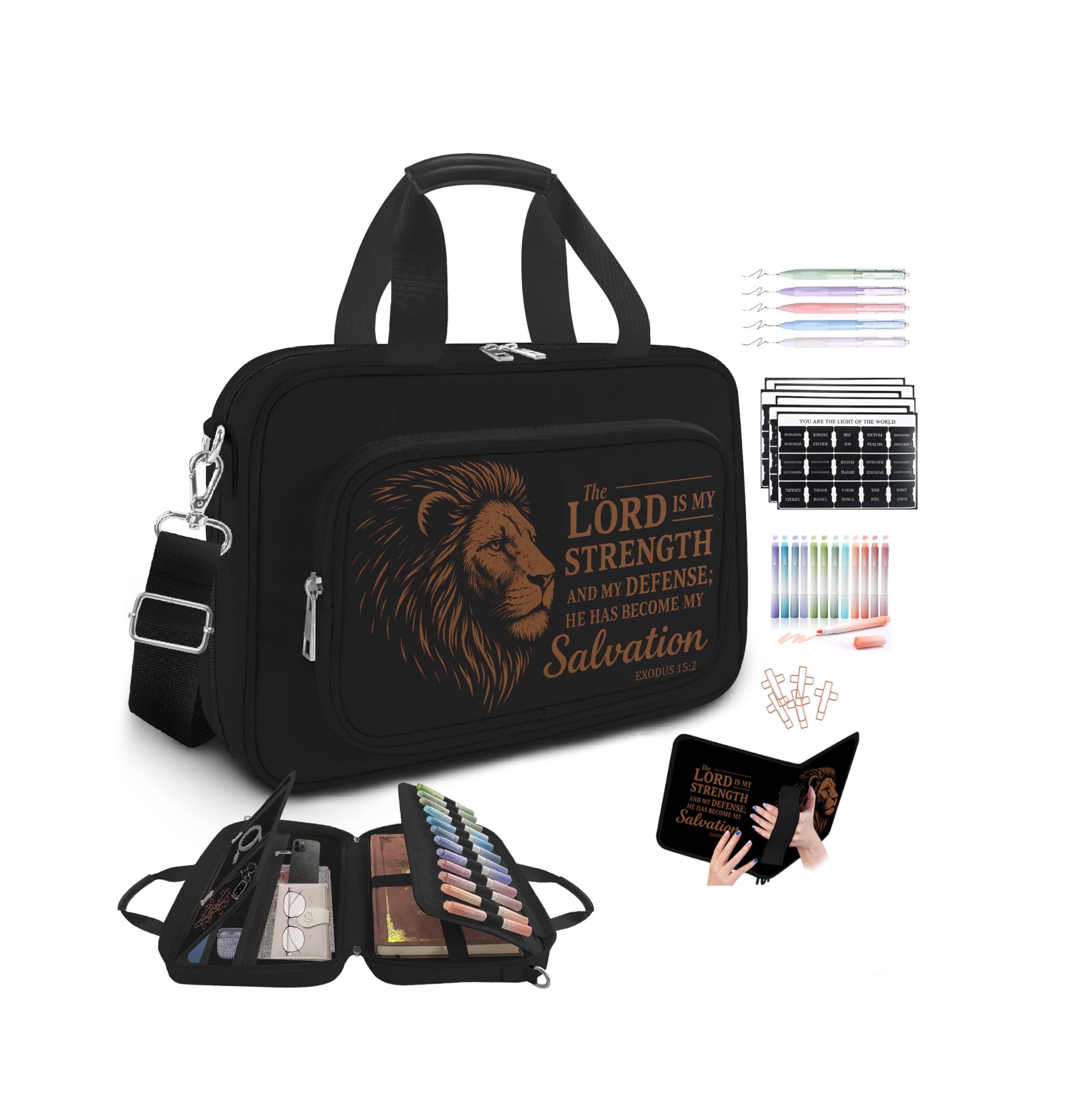 bolimoss Lion Bible Cover with Zipper Pockets for Men, Large Bible Cover Case with Pens Highlighters Cross Clip Tabs, Bible Carrying Case with Handle Strap, Bible Accessories for Christian Gift(Brown)