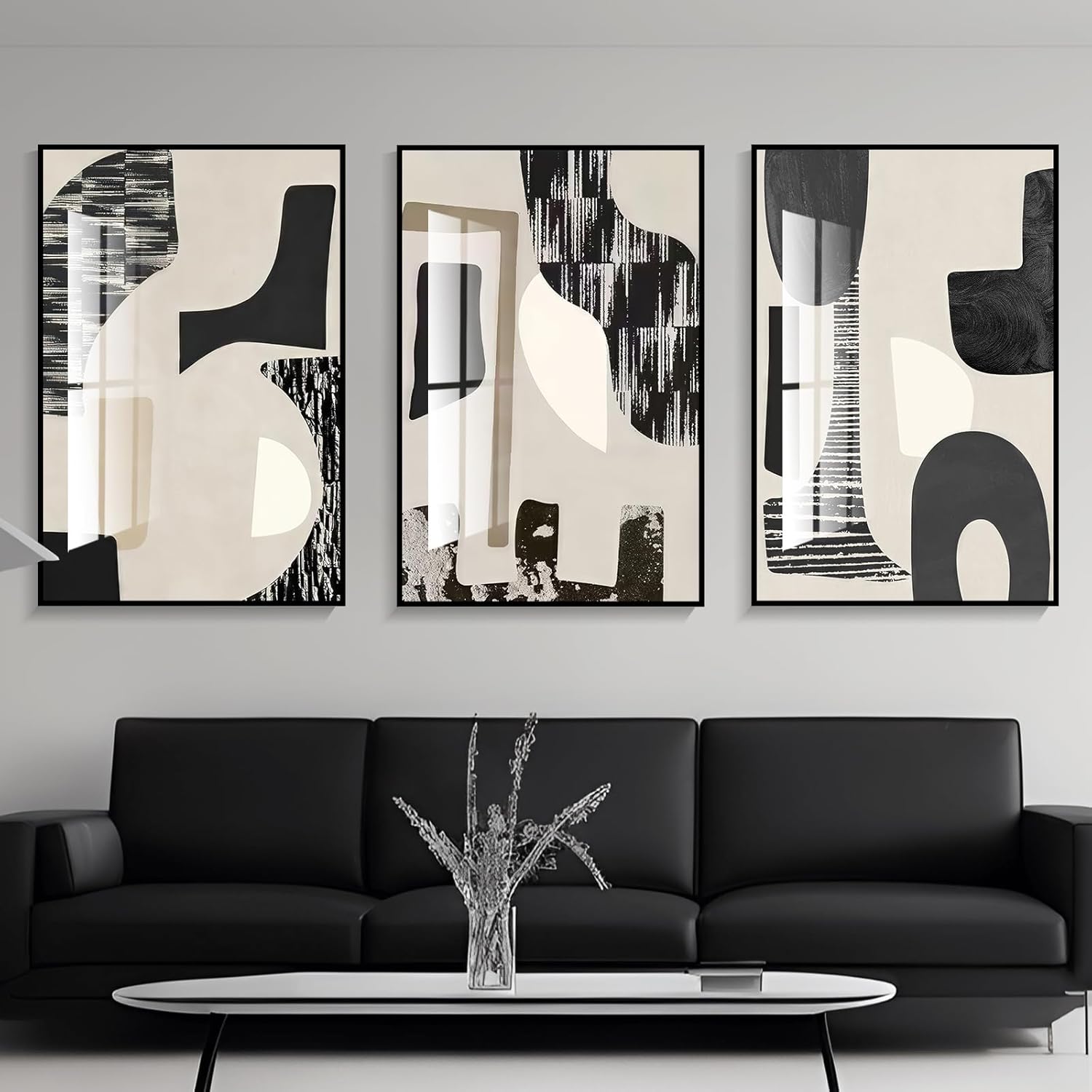 QKF Modern Abstract Wall Art Large Geometric Black and White 3 Piece Canvas Painting for Living Room Contemporary Wall Decor with High Gloss Finish 16x24 Inches Set 16" X 24" X 3 pieces Black and white
