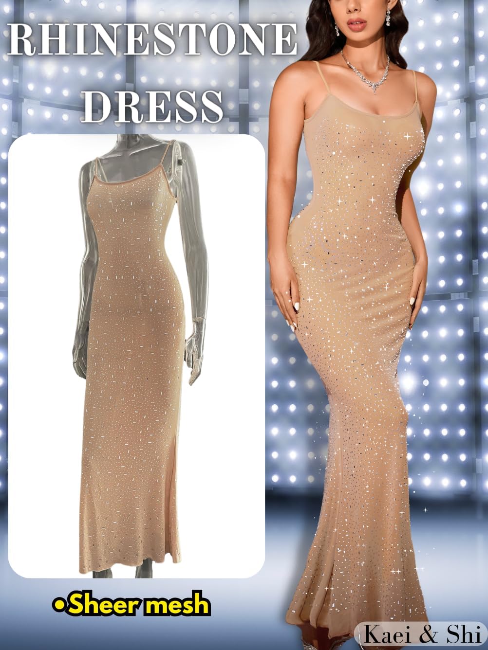 Kaei&Shi Rhinestone Mesh Dress,Glitter Sparkly Embellished Sheer Maxi Dresses,Sexy Birthday Outfit for Women Cocktail Party - Image 2