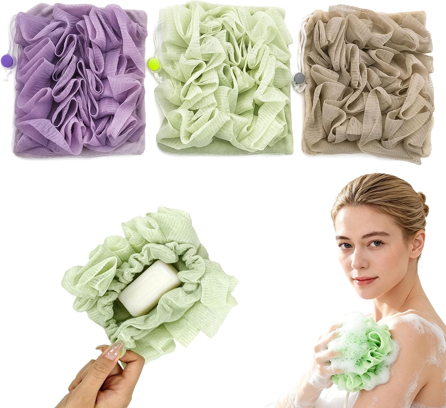 3-Pack Bar Soap Pouch, 2-in-1 Mesh Soap Scrubber Pouch with Loofah Washcloth, Washable and Reusable Soap Saver for Shower Lathering and Shower Use