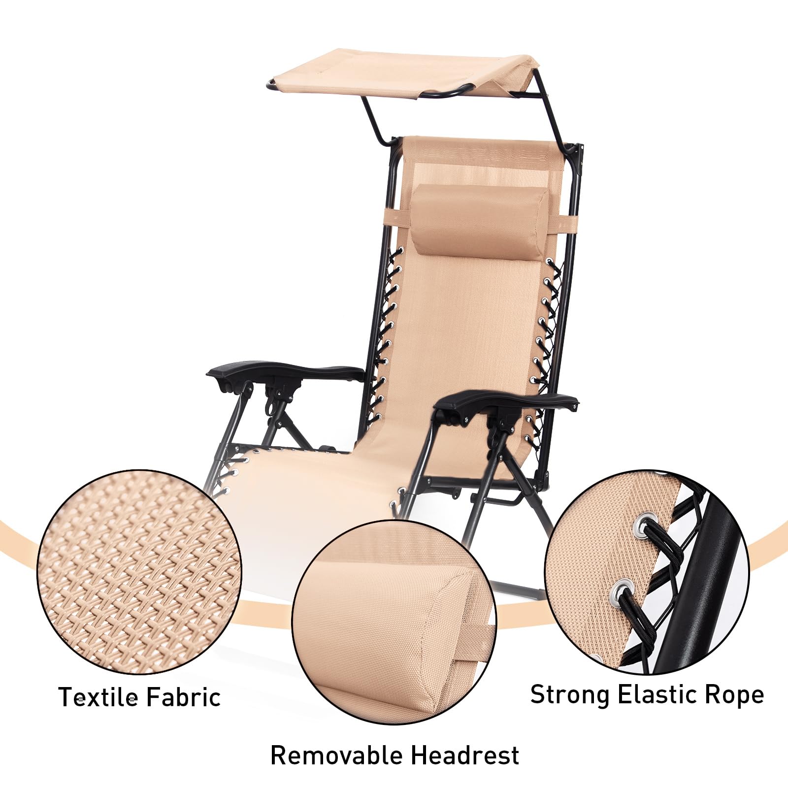 Todeco Tumbona Plegable Jardín con Toldo, Silla Gravedad Cero Reclinable con Respaldo Ajustable para Patio, Camping, Terraza y Piscina, Carga máxima 100kg, Caqui