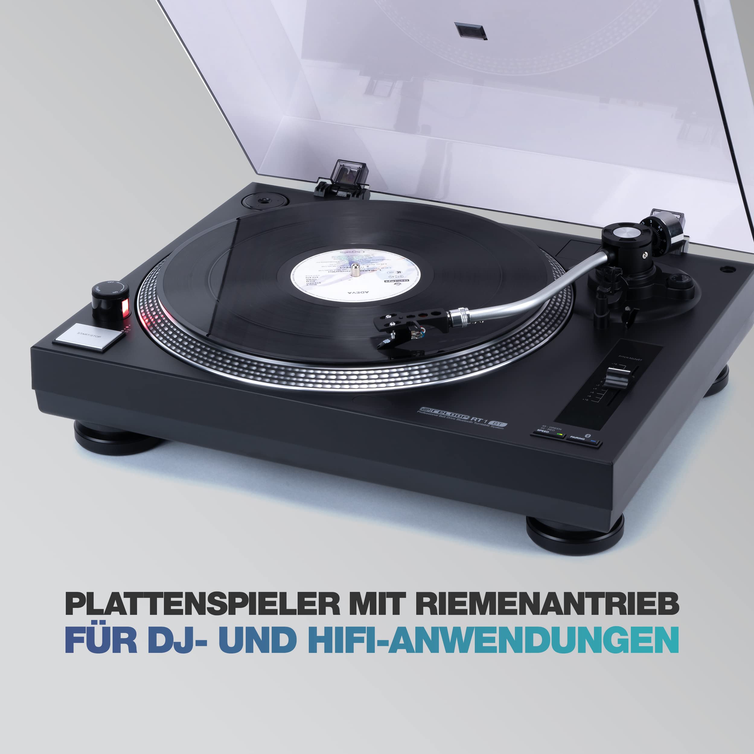 Reloop RT-1 BT Plattenspieler mit Riemenantrieb für DJ- und HiFi-Anwendungen, Bluetooth-Ausgang zur kabellosen Verbindung mit Bluetooth-Lautsprechern, Vormontiertes Ortofon Magnet-Tonabnehmer-System