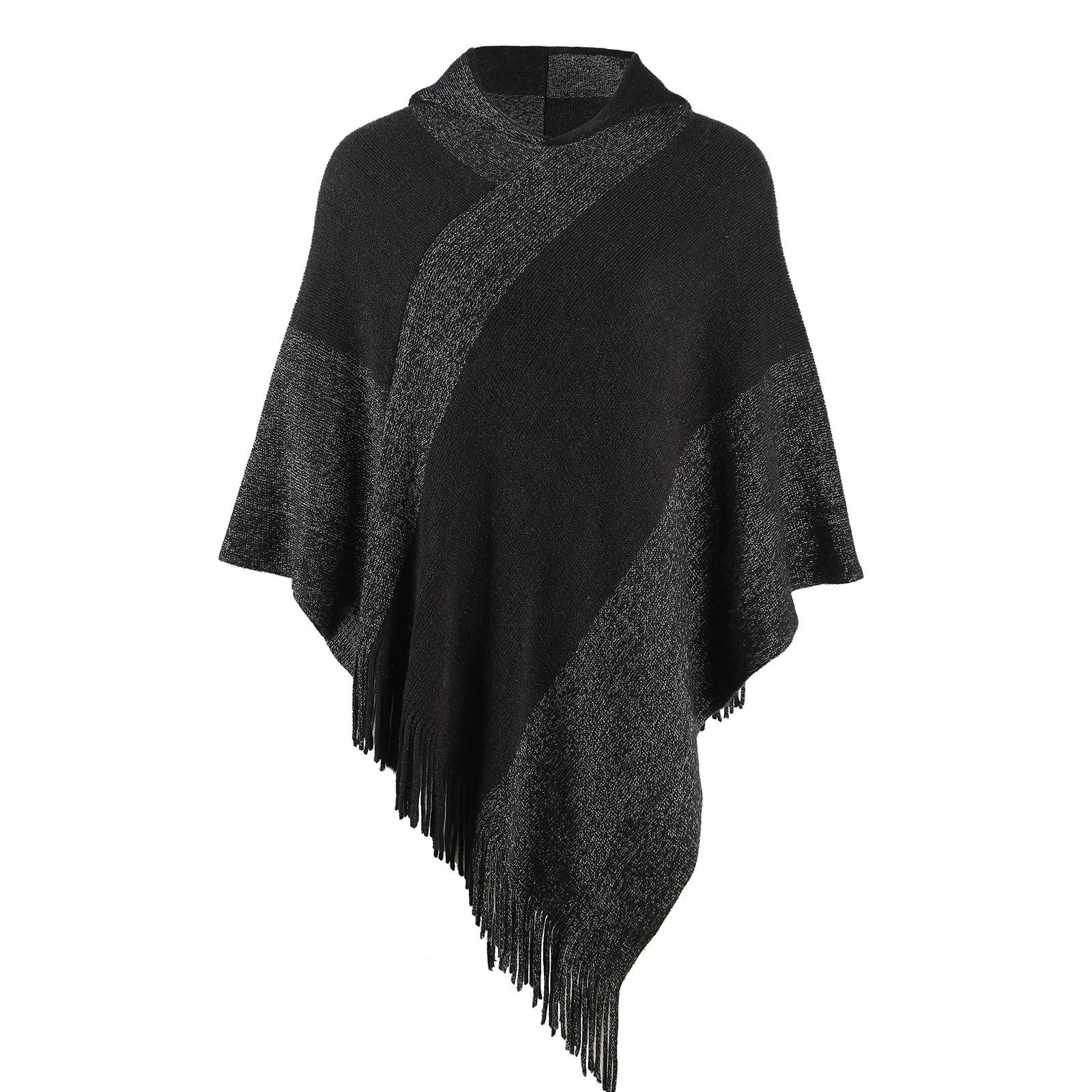 Women's Elegant Knitted Shawl Poncho with Fringed V-Neck Striped Sweater Pullover Cape Gifts for Women Mom