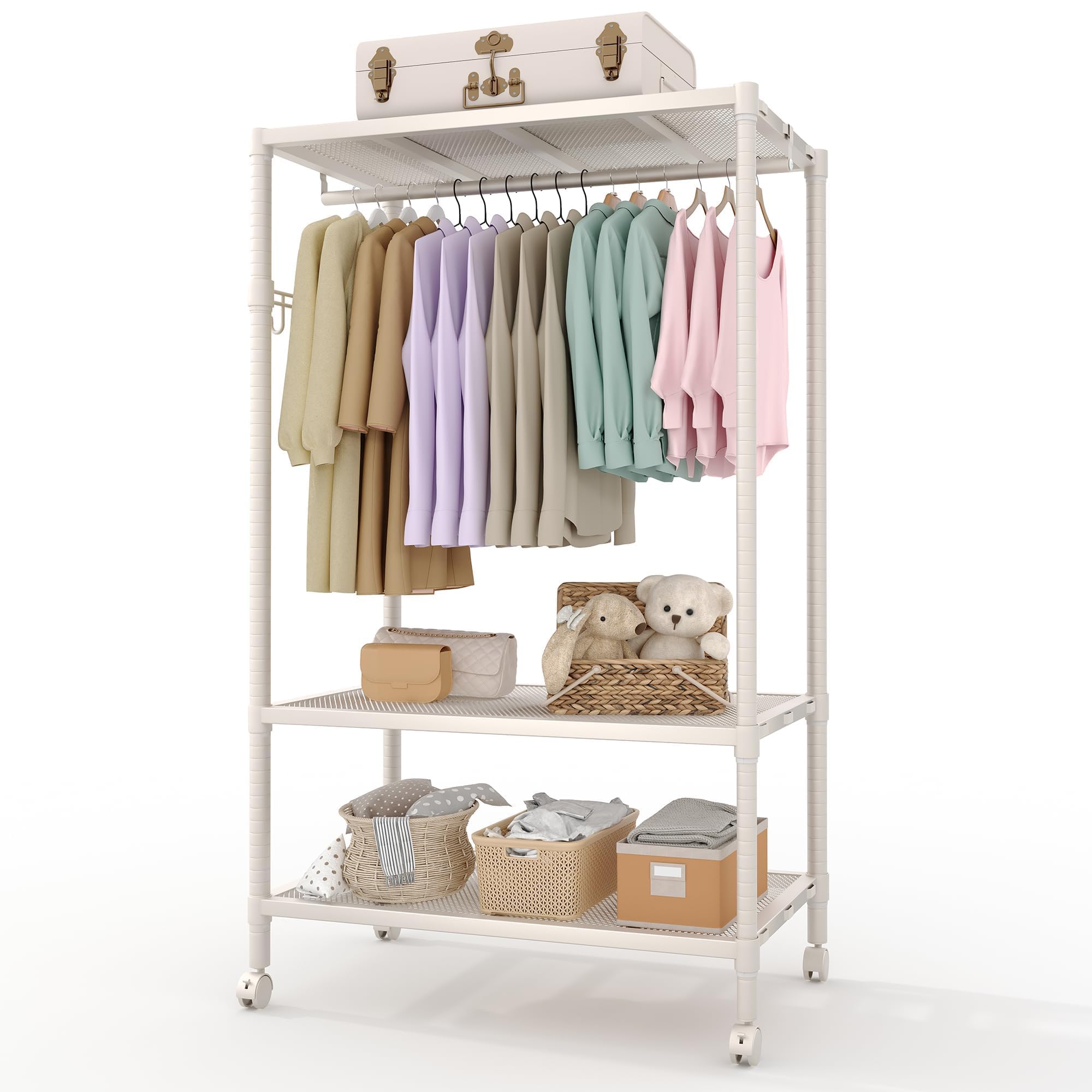 Aptliton Sturdy Clothes Rack on Wheels - Metal Coat Stand with 3 Grid Shelves & Clothes Rail, Heavy Duty, Grey, 115.6 x 45 x 178.3 cm, Open Wardrobe