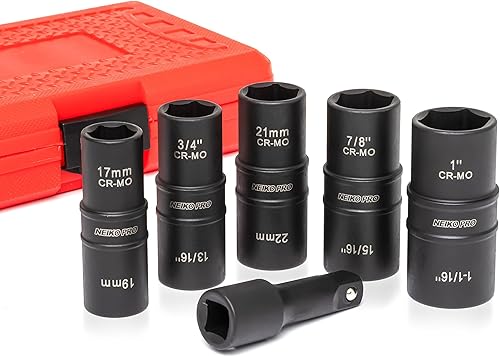 NEIKO 02287B Juego de llaves de impacto de 12 pulgada, juego de 6 llaves de impacto, 10 tamaños SAE profundo y métrico, juego de tuercas de rueda de