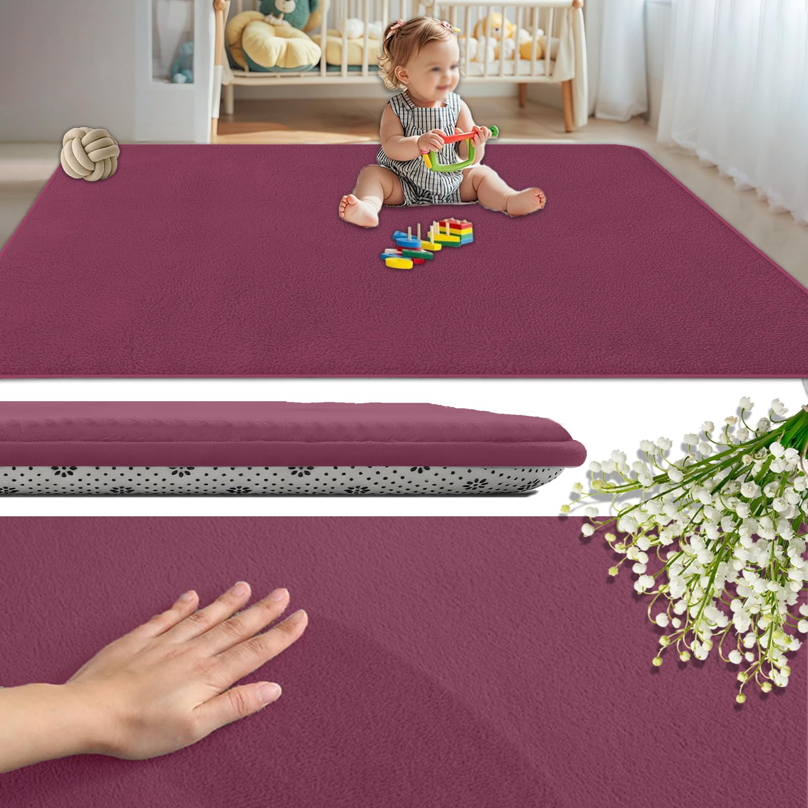 Coral Velvet Baby Play Mat 2CM Thick, Non-Slip Backing Playmat for Floor Playroom Bedroom Yoga Mat 120 x 220 cm Large Memory Foam Area Rugs for Crawling Soft Play Tummy Time Activity Dark Red