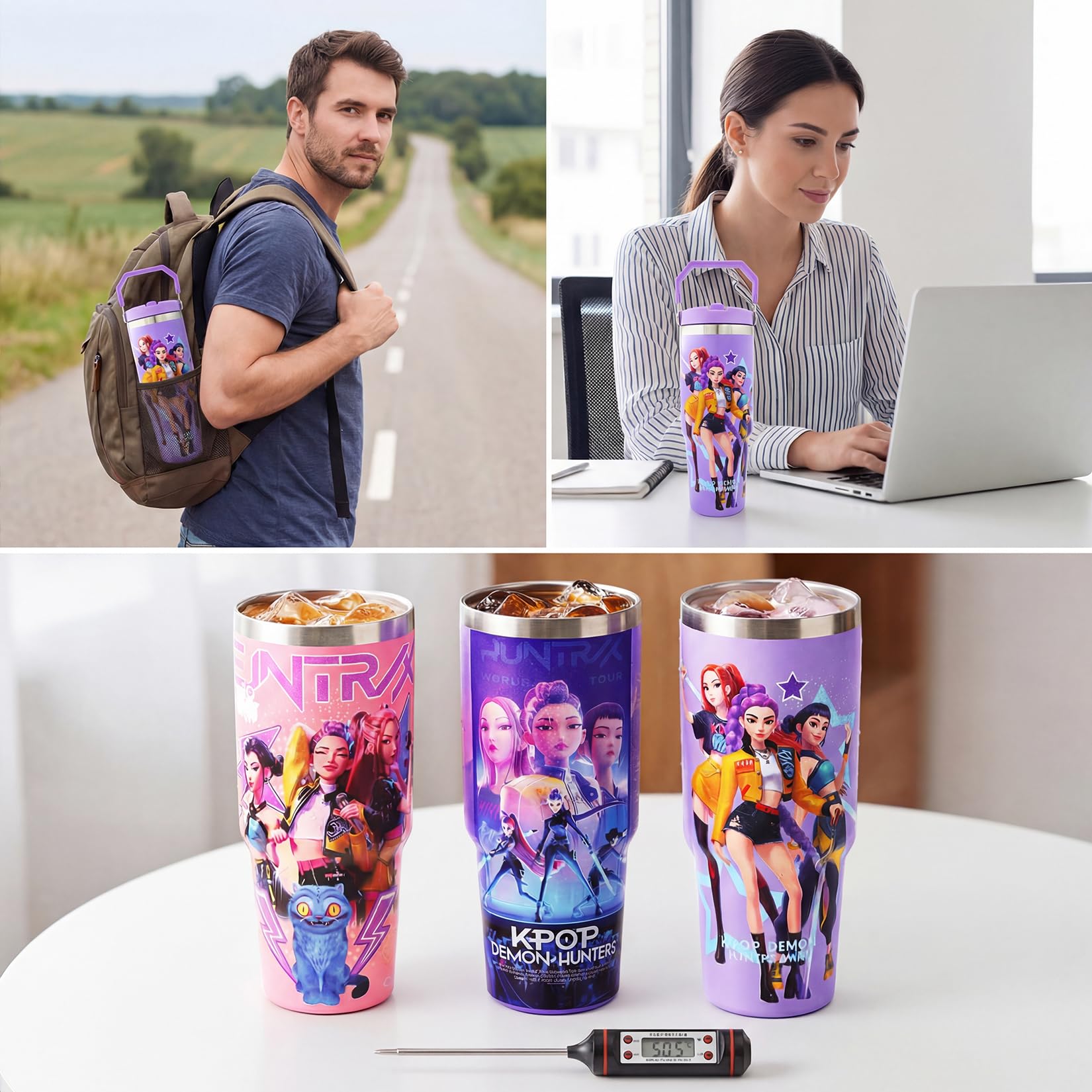 Demon Hunters 32oz Bottle Stainless Steel Drinking Bottle with Handle and Straw for Daily Hydration (Light Purple) — view 7