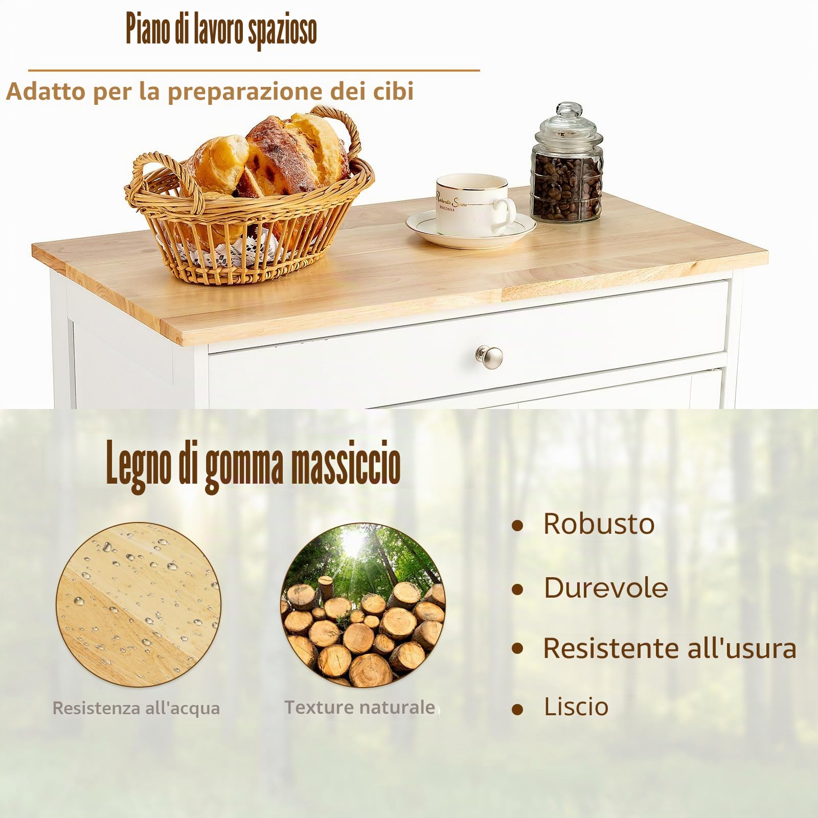 KOMFOTTEU - Carrello centrale con ripiani e piano di lavoro in legno di hevea, carrello con ruote e cassetto, 2 armadi, portabottiglie a 3 livelli, carrello con ruote, 67 x 37 x 86 cm (Bianco)
