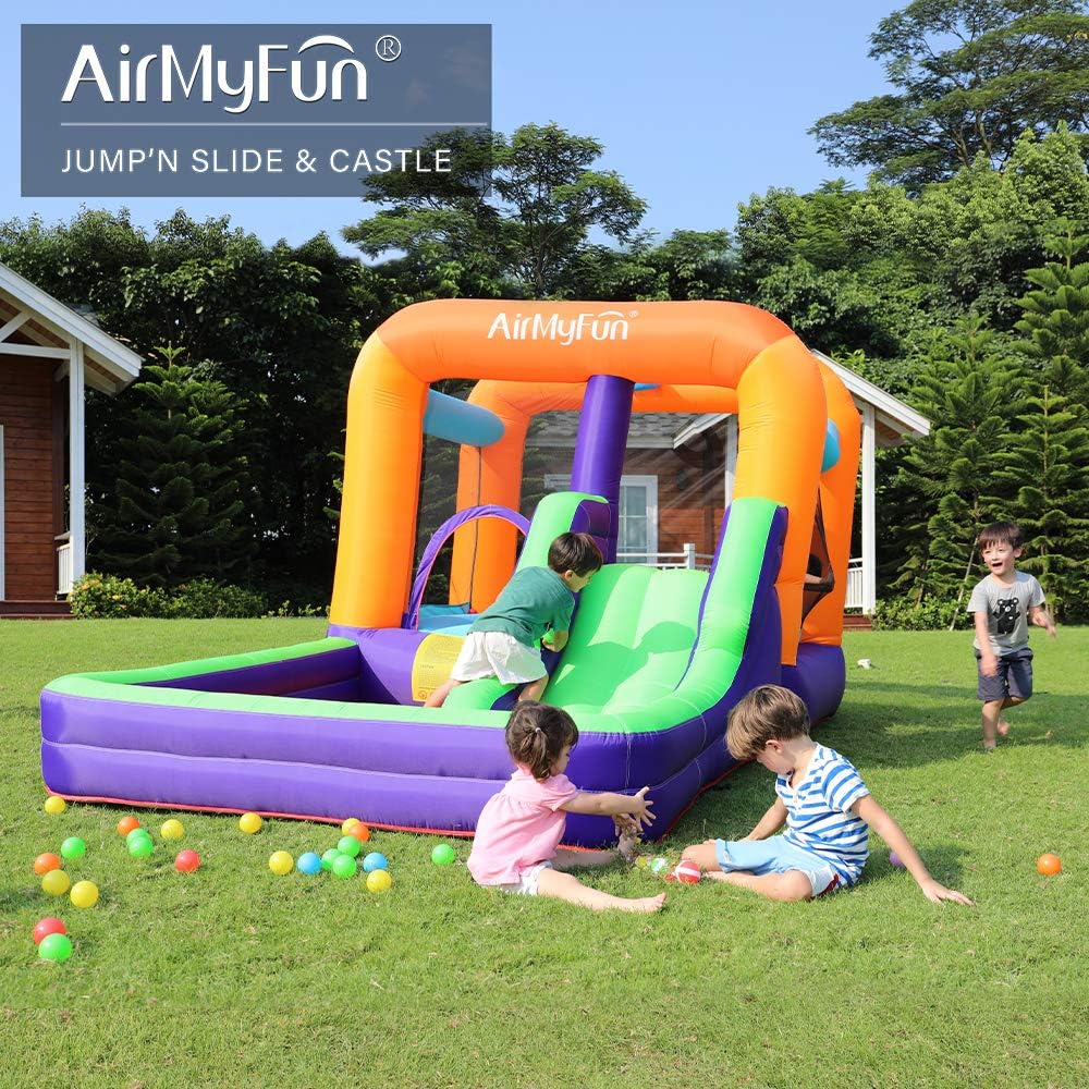 AirMyFun Inflatable Bounce House, Obstacles Bouncer & Slide with Air Blower (Purple Style)