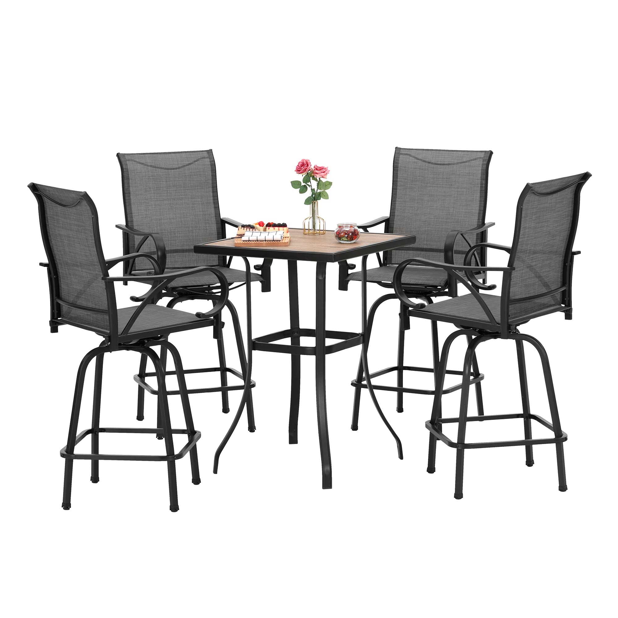 Sophia & William Outdoor Bar Set, Patio Bar Table and Chairs Set, Bar Height Patio Set - 4 x Swivel Bar Chairs(Grey), 1 x Square Bar Table(Wood-Like)